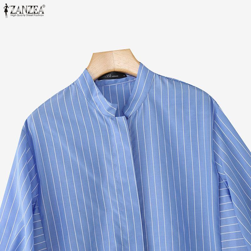 ZANZEA Women Casual Stand Collar Loose Long Sleeve Stripe Blouse