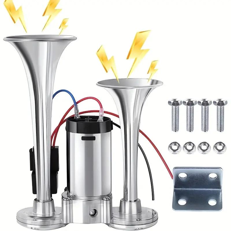 12V Horns, Chrome Zinc Single Trumpet Truck Air Horn with Compressor for Any 12V Vehicles Trucks Lorrys Trains Boats Cars