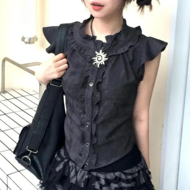 Deeptown Japanische 2000er Rüschenblusen Damen Schwarz Gothic Lolita Y2k Ärmellose Hemden Harajuku Gyaru Sommer Flatterärmel