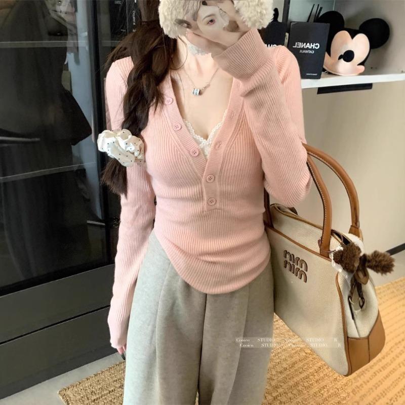 Supply collar bottoming shirt women's spring, autumn and winter button pit strip knitted top simple inner sweater