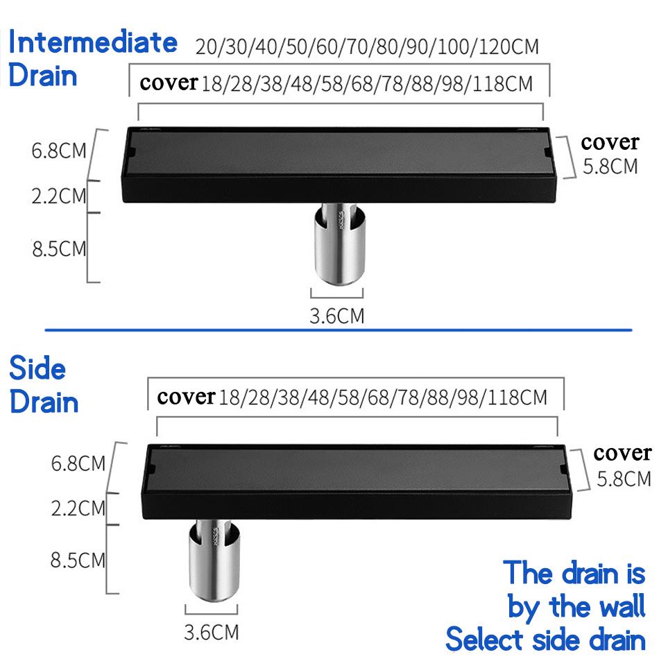 Invisible Floor Drain Black 304 Stainless Steel Anti-odor Bath Shower Long Linear Drainage Tile Insert Side Floor Drains Cover