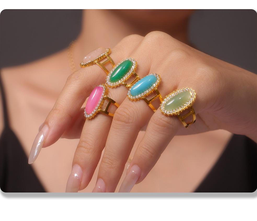 3A Zircon Inlaid Natural Stone Opening Ring 316 Titanium Steel Plated with 18K Gold Adjustable