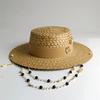 Diy Palm Leaf Straw Hat With Pearl Chain — Flat-Top Sun Hat | New Korean-Style Beach Hat With Elastic Band | Candy-Colored Sun