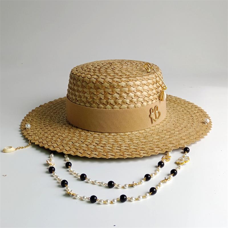 Diy Palm Leaf Straw Hat With Pearl Chain — Flat-Top Sun Hat | New Korean-Style Beach Hat With Elastic Band | Candy-Colored Sun