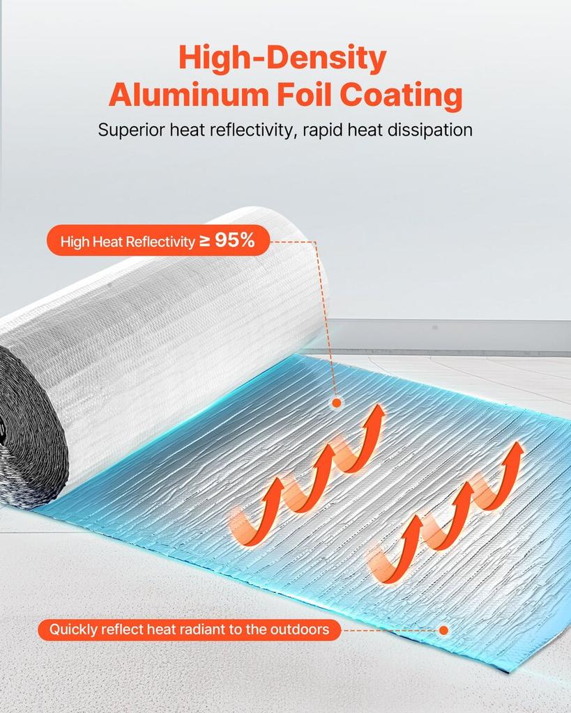 Reflective Insulation Roll, Double-Layer Air Bubble Radiant Barrier, 6mm 30.48 m x 1.22 m, Aluminum Foil White PE Film Heat Reflective Shield, Thermal