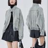 Retro Hong Kong Style Stand Collar Lapel Denim Jacket for Petite, New Early Spring Trend, Loose Fit, Distressed, and Slimming.