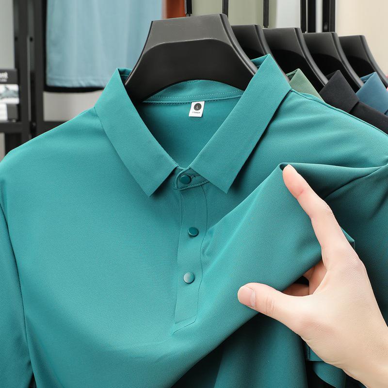 Pánské letní polo tričko z ledového hedvábí - Elastické, nemačkavé, jednobarevné, krátký rukáv, Business Casual s límečkem.