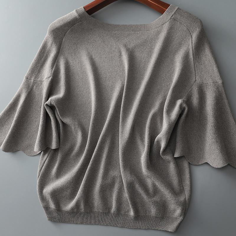 Women's Summer Knitted Shirt Petal Sleeve V-neck Solid Tops Loose Short Sleeve Ice Silk Sweater Fashion Women Shirt