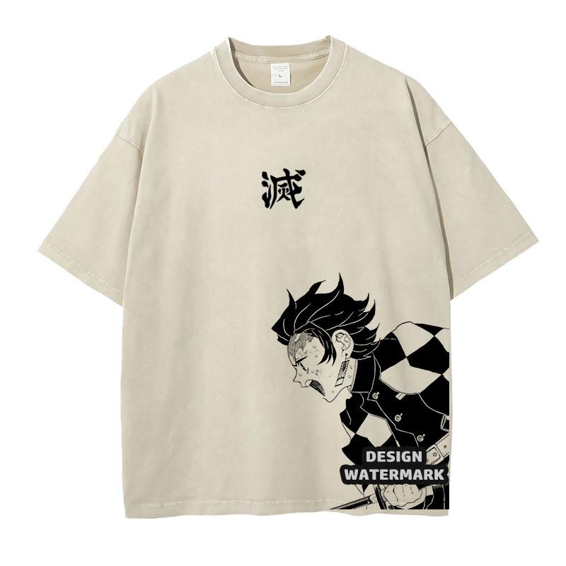 Anime Inosuke Tshirts Oversized Vintage Washed KKimetsu No Yaiba T Shirt Tanjirou Zenitsu Kyoujurou Tops Tees Man Cotton