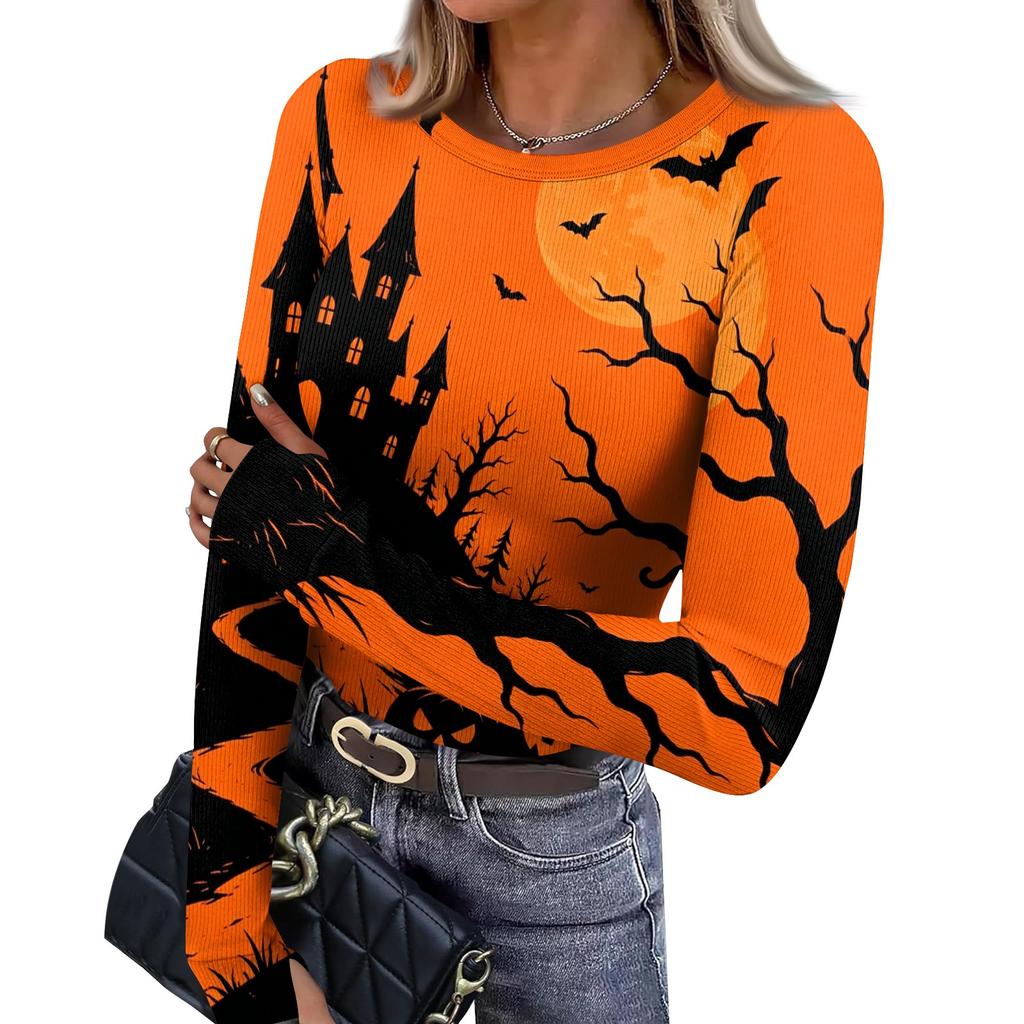 Women's Slim Fit Halloween Print Pullover Long Sleeve T Shirt Crew Neck Base Layer Top with Thumb Hole Cuffs Stretch Fabric