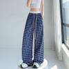 Lazy Women's Floor Trousers Retro Plaid Wide-leg Pants Casual Blue High Waist Loose Chic Korean Sub-summer