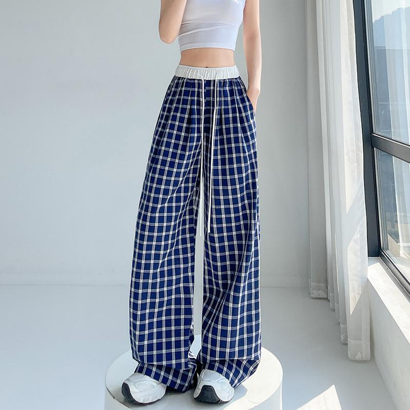 Lazy Women's Floor Trousers Retro Plaid Wide-leg Pants Casual Blue High Waist Loose Chic Korean Sub-summer
