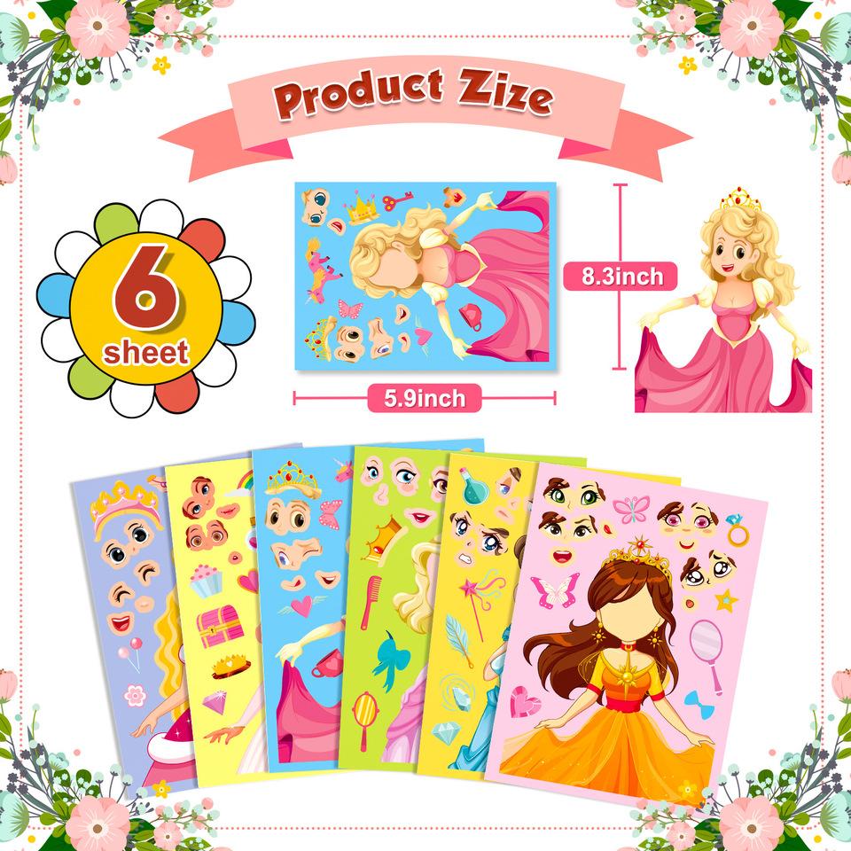 6 Sheets DIY Puzzle Stickers Princess Mermaid Face Changing Fun Jigsaw Assembly Stickers Kids Toys Birthday Gifts for Girls