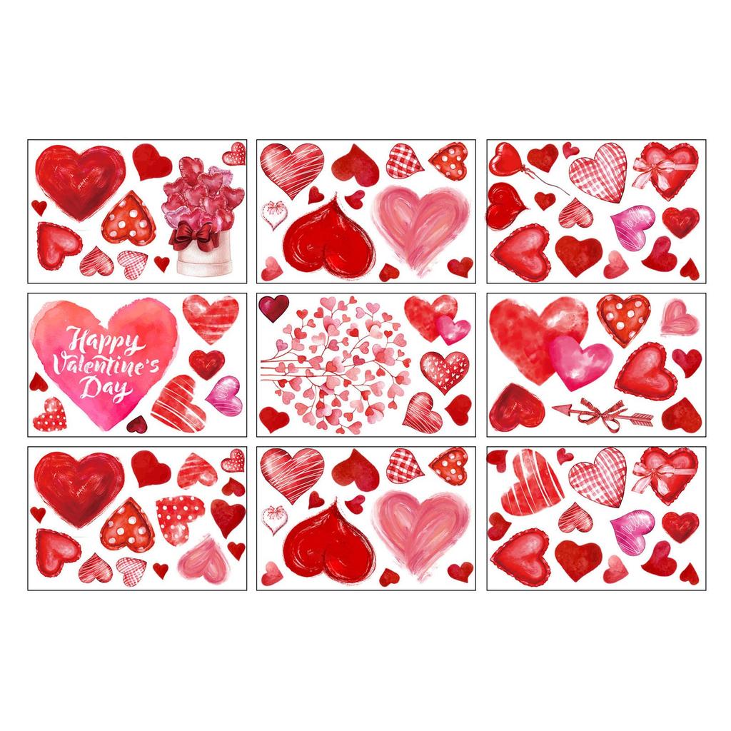 9 Sheets Watercolor Love Heart Print Window Decal Romantics Valentines Day Decors for Glass Door Window Sticker Clings
