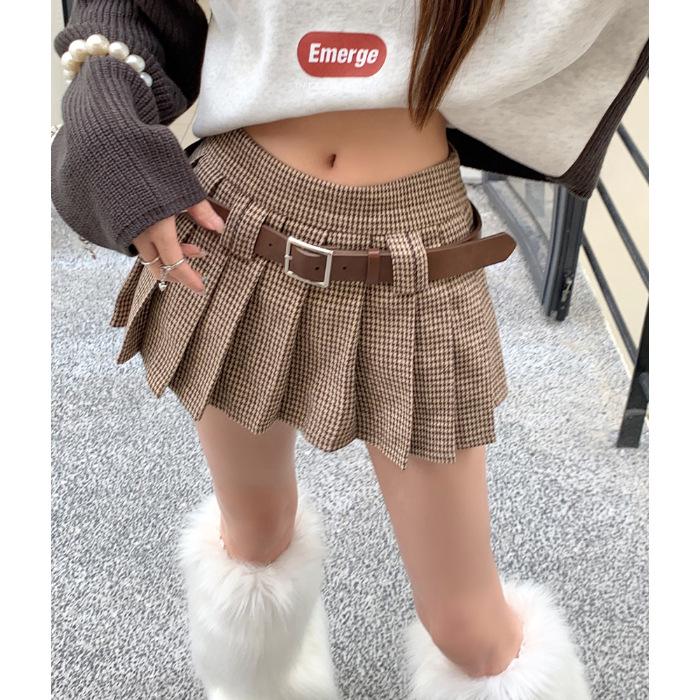 

Ретро плиссированная миди-юбка в гусиную лапку - А-силуэт с высокой талией и поясом, осенне-зимний стиль L (Recommended for 55-60 kg)