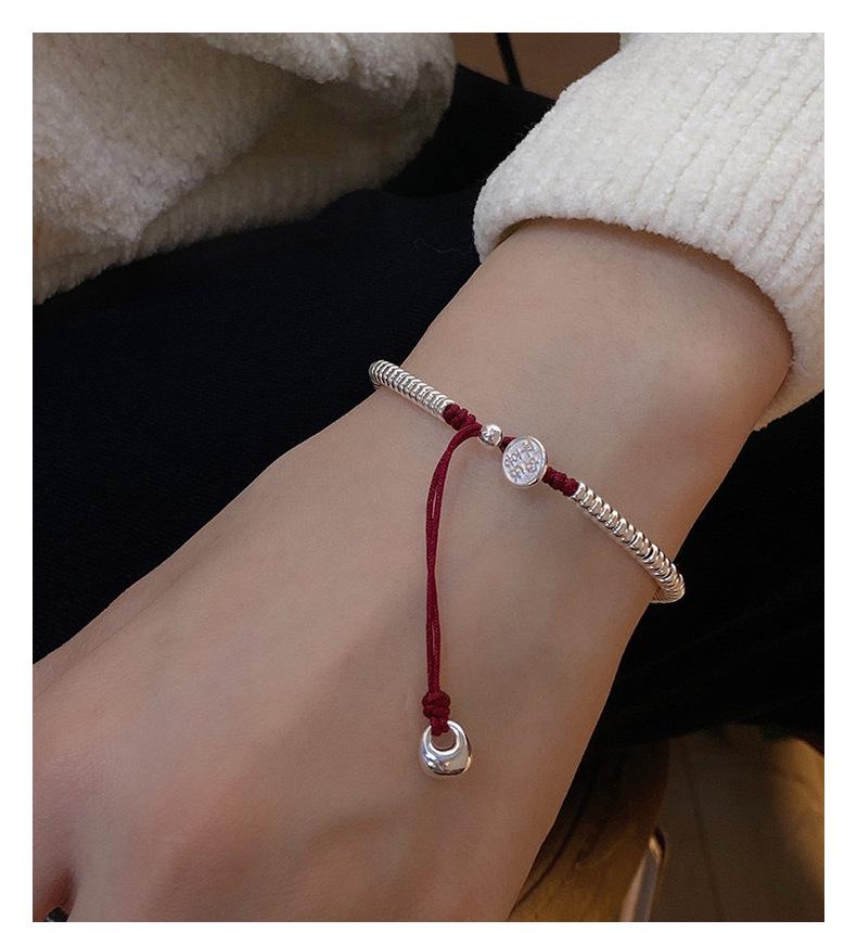 S925 Sterling Silver and Red Rope Bracelet with Round Beads - Gift for Good Luck and Peace
