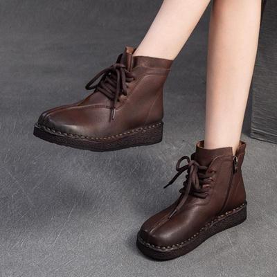 Retro Lace Up Flat Short Boots Genuine Leather Comfortable Versatile Women's Shoes