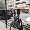 Women's Retro Plaid Halter Dress - Black & White Sleeveless V-Neck Pleated A-Line Mini Skirt