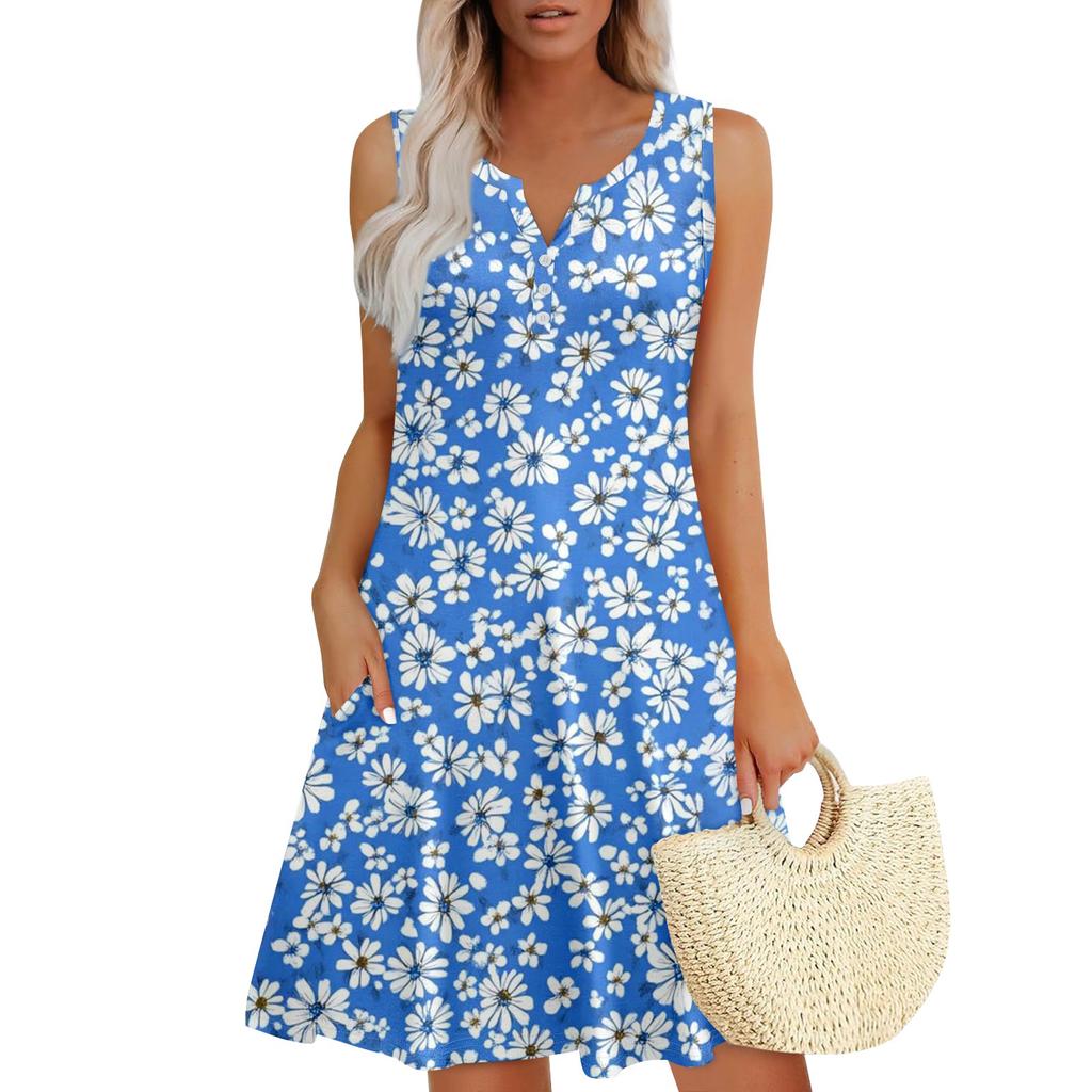 Womens Summer Dresses Loose V Neck Sleeveless Sundresses Dress With Pockets