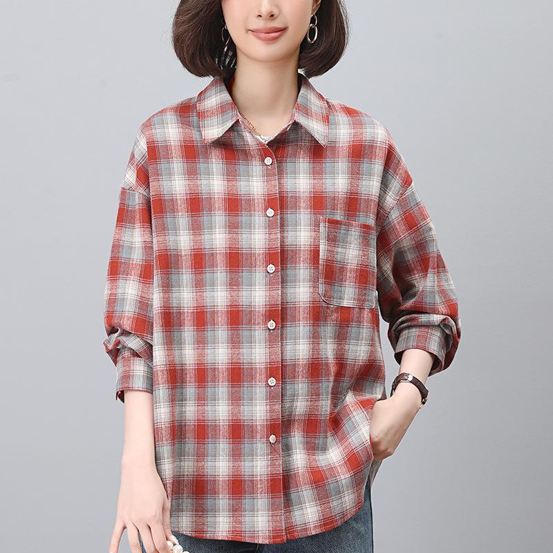 

Женская рубашка с длинным рукавом из чистого хлопка в клетку - Осенняя блузка для мамы 2024 года, идеально подходит для весны и осени. L