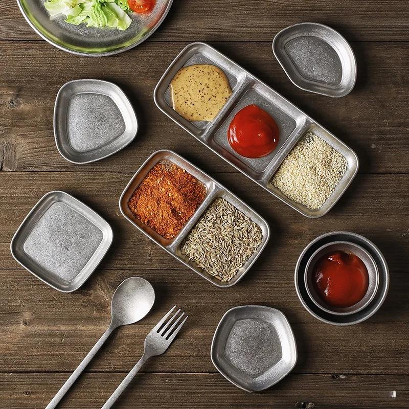 Vintage Stainless Steel Industrial Style Tableware Outdoor Camping Barbecue Metal Bowl Condiment Dish Restaurant Snack Dishes