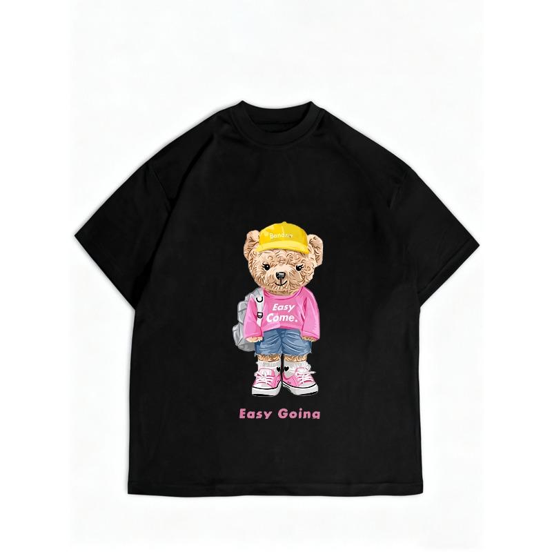 Women Casual T Shirt Black Bear Cartoon Print Easy Going Text Design For Daily Wear And Leisure Activities