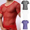 Men Tops V-Neck Short Sleeve Hollow Mesh Design Tee Shirt Solid Color Breathable Casual Style Tops Daily Wear