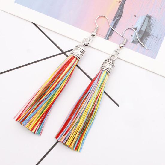 1 Pair Bohemian Hook Earrings Artistic Cotton Thread Fringe Design Dangle Earrings Ear Accessories