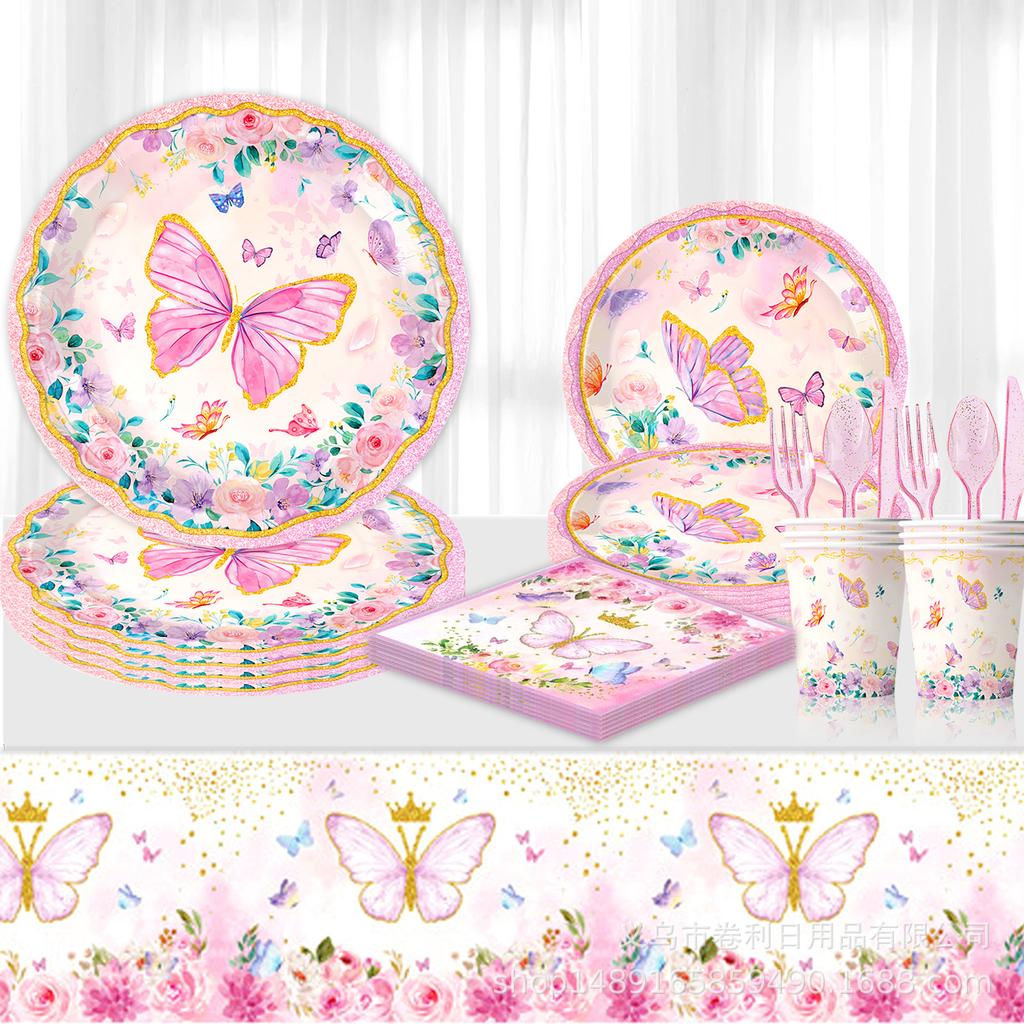 Butterfly Theme Party Supplies Party Decoration Windshield Flag Disposable Tableware Paper Plate Paper Cup