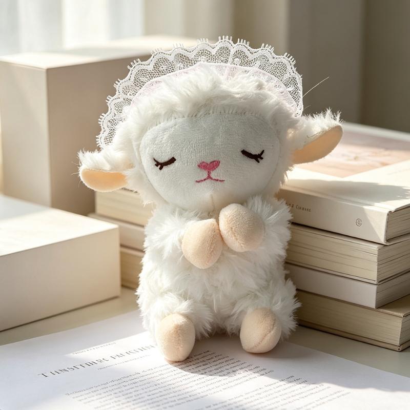 1Pcs Cute Curly-Haired Small Woolen Plush Toy Keychain Backpack Charm, Sweet Veil Little Lamb Doll, Sleepy Sheep Baby