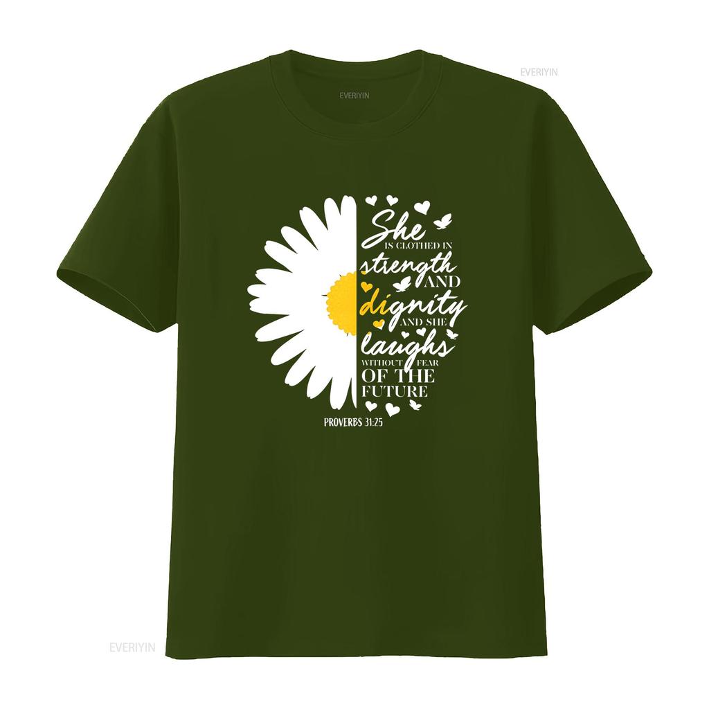 Womens Christian Bible Verse Proverbs 31 28 White Daisy Flower T Shirt Black vintage Washed Versatile Soft