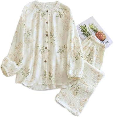 Netakara Double Gauze Long with Loungewear Solid Winter Long Sleeve Green Women's Pajamas, Sleeve, 100% Cotton, Pockets, Set, Comfortable, Color,