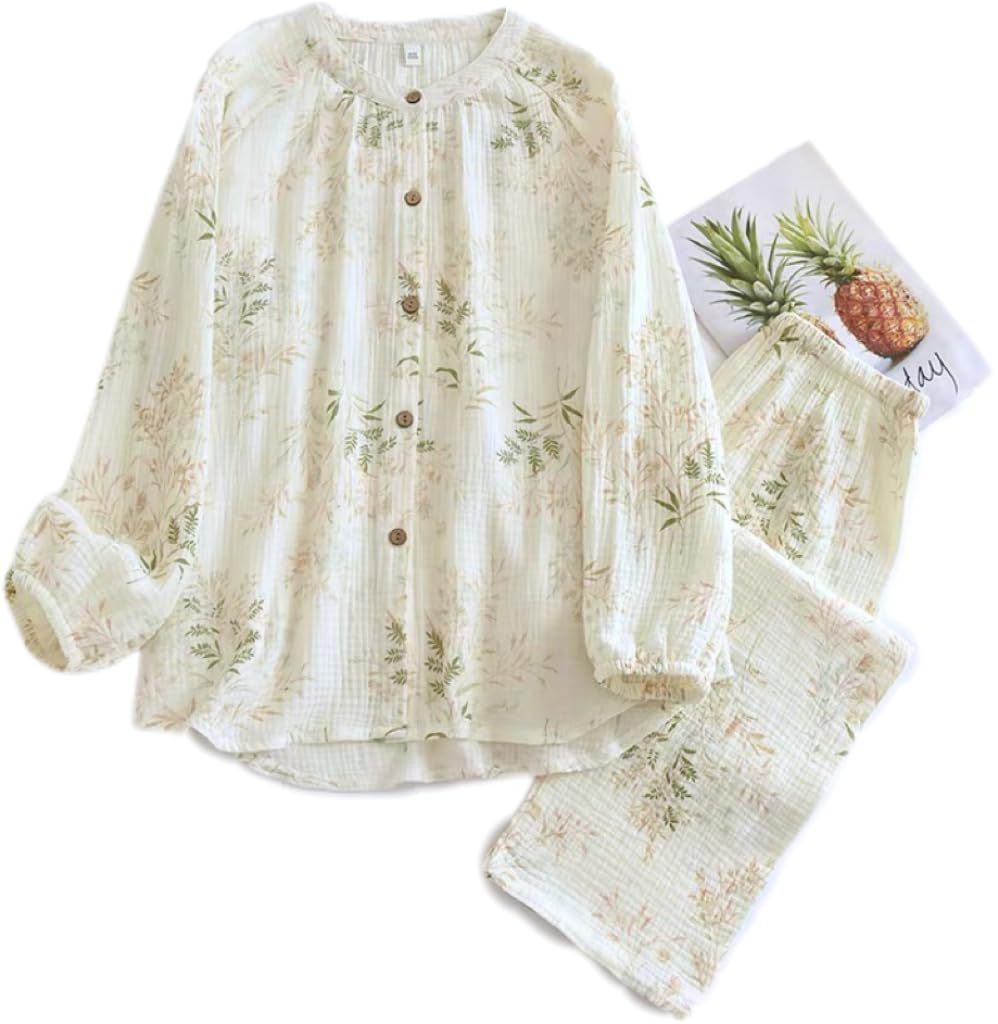 Netakara Double Gauze Long with Loungewear Solid Winter Long Sleeve Green Women's Pajamas, Sleeve, 100% Cotton, Pockets, Set, Comfortable, Color,