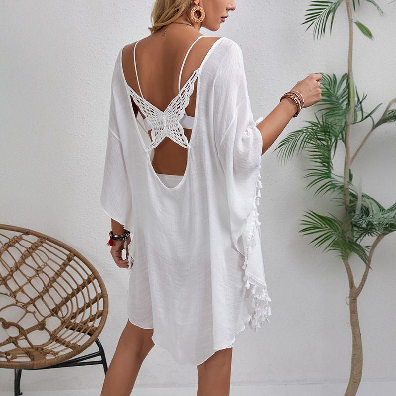 

Hand Hook Flower Patchwork Tassel Beach Cover up Hollow Loose Beach Vacation Dress White One size