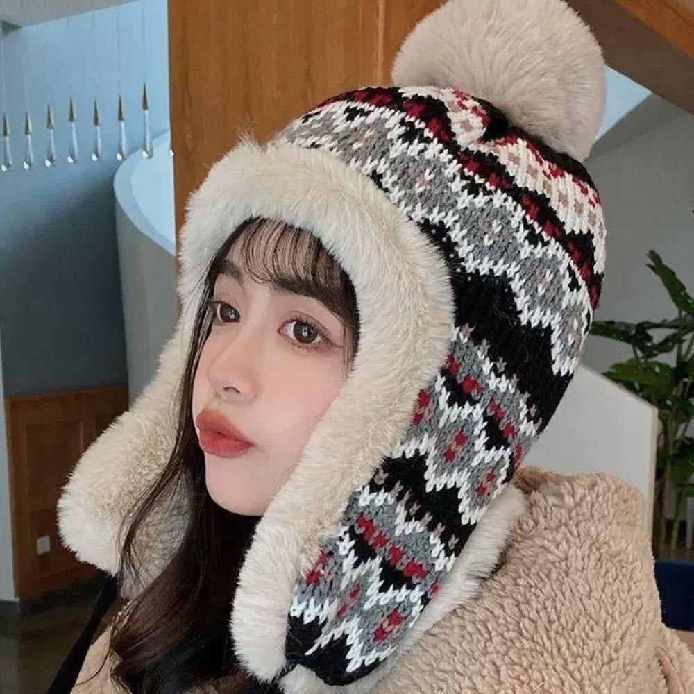 New Pompom Warm Hat Warm Windproof Pullover Cap Coldproof Beanie Hat for Outdoor Cycling Skiing