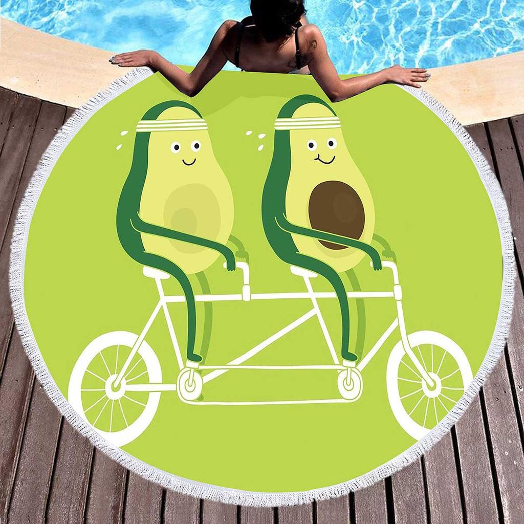 Tropical Fruit Avocado Round Beach Towel Microfiber Boho Round Hawaiian Beach Blanket Sand Proof Circle Swim Towel with Tassels