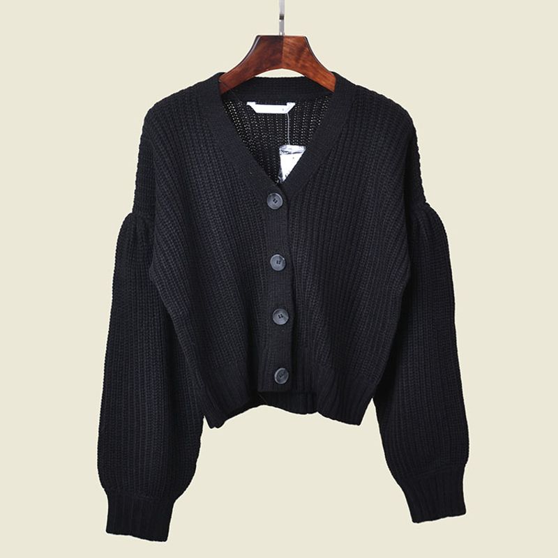 Retro V-neck Puff Sleeve Autumn and Winter Fashionable Jacket Women's Minimalist All-Match Slimming Sense of Design Foreign Trade Sweater Cardigan