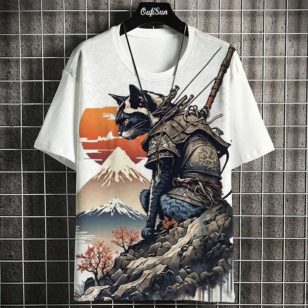 Samurai Katze T-Shirt Herren Sommer Mode Kurzarm T-Shirt Street Casual Sportbekleidung Herren Shirt