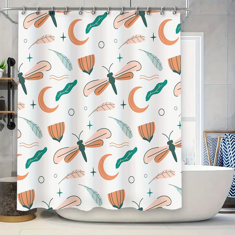 

Modern Floral Moon Dragonfly Print Shower Curtain White Background with Orange and Green Accents for Bathroom Decoration 72x84 i 90x180cm