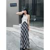 Women's Vintage Aesthetic Blue Lightweight Sheer Checkered Long Skirt Flared Hem Summer Slim Fit Plaid Dress