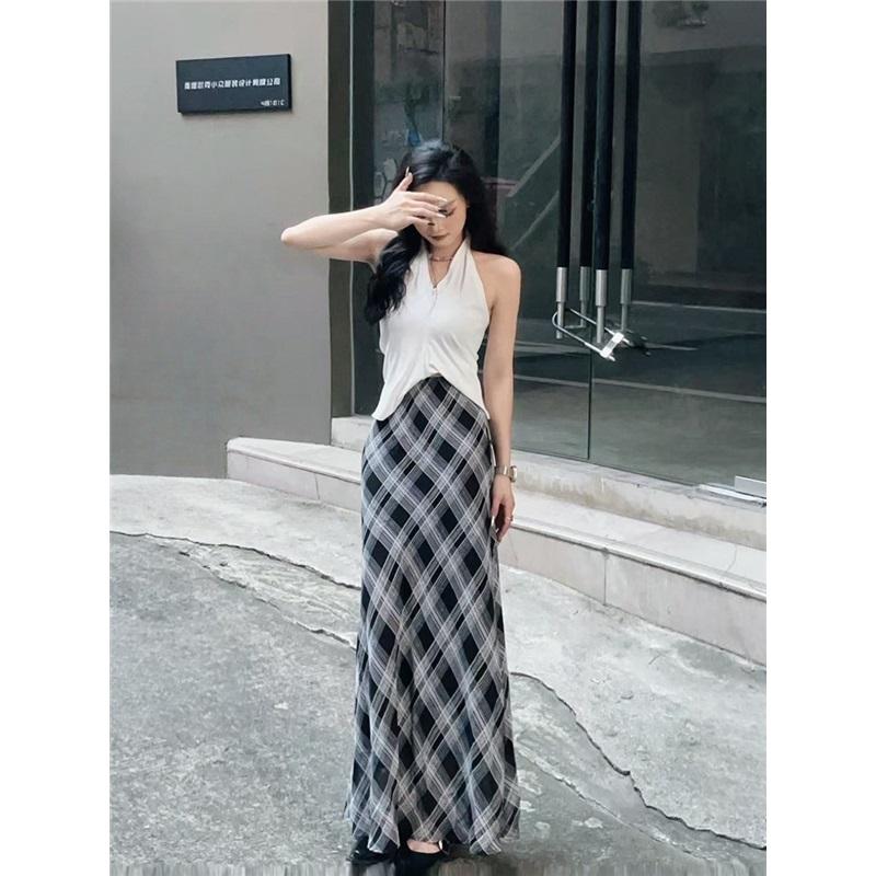Women's Vintage Aesthetic Blue Lightweight Sheer Checkered Long Skirt Flared Hem Summer Slim Fit Plaid Dress