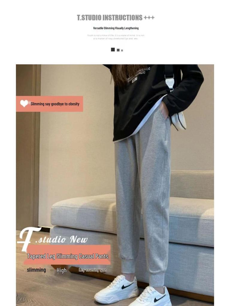 Women's Versatile Black Cropped Harem Sweatpants - Spring To Winter, Slimming with Plus Velvet.