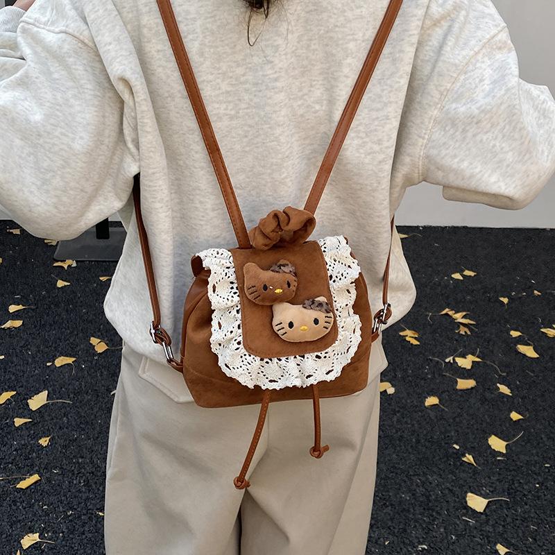Schoolbag Korean version of high-value cartoon plush doll retro lace backpack women's fashion versatile foreign style travel small backpack