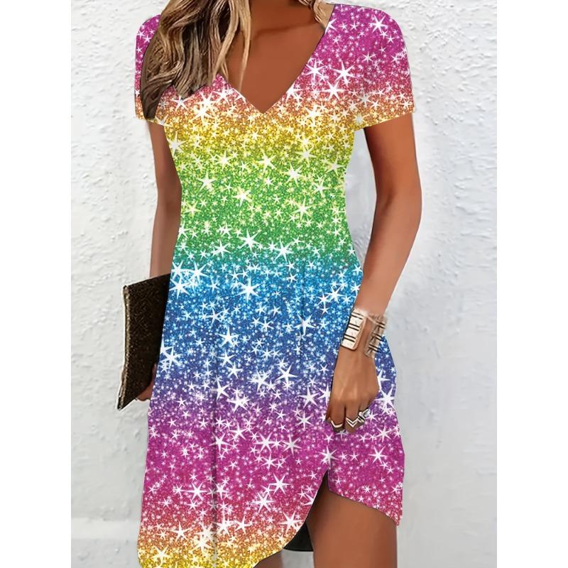 

Ladies Shiny Rainbow Gradient Dress V-neck Party Vacation Outfit for All Seasons, Daily and Special Occasions 2XL