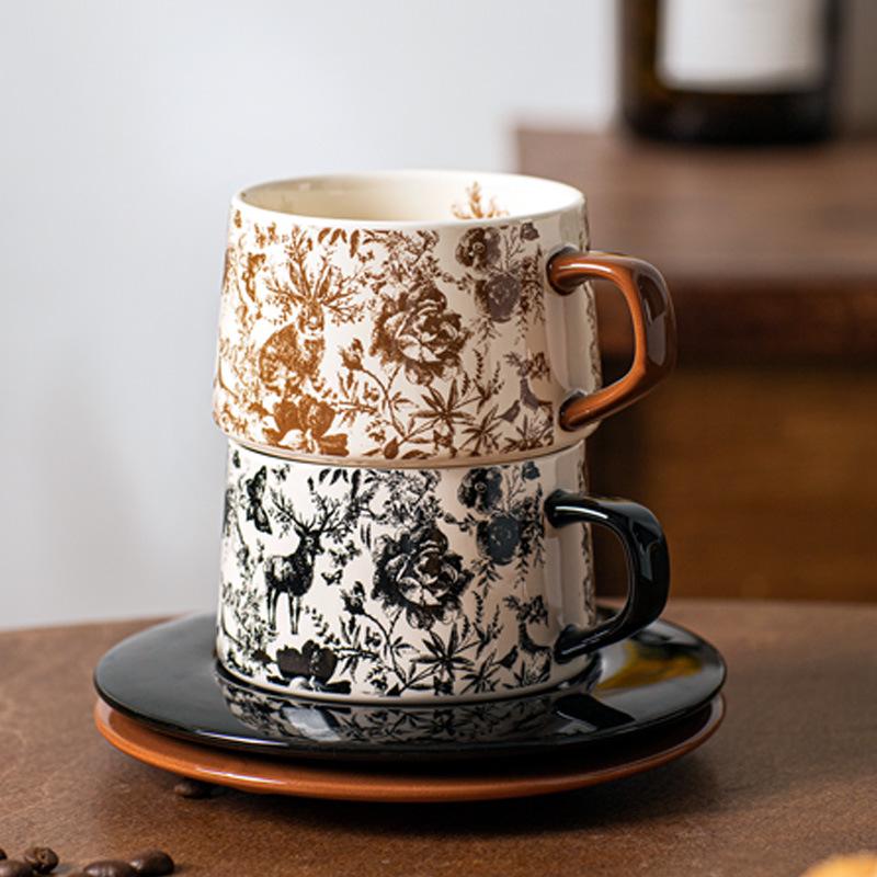Retro Ceramic Coffee Cup & Saucer Set - Luxurious, High-End Feel for Coffee, Milk, or Water - Ideal Gift