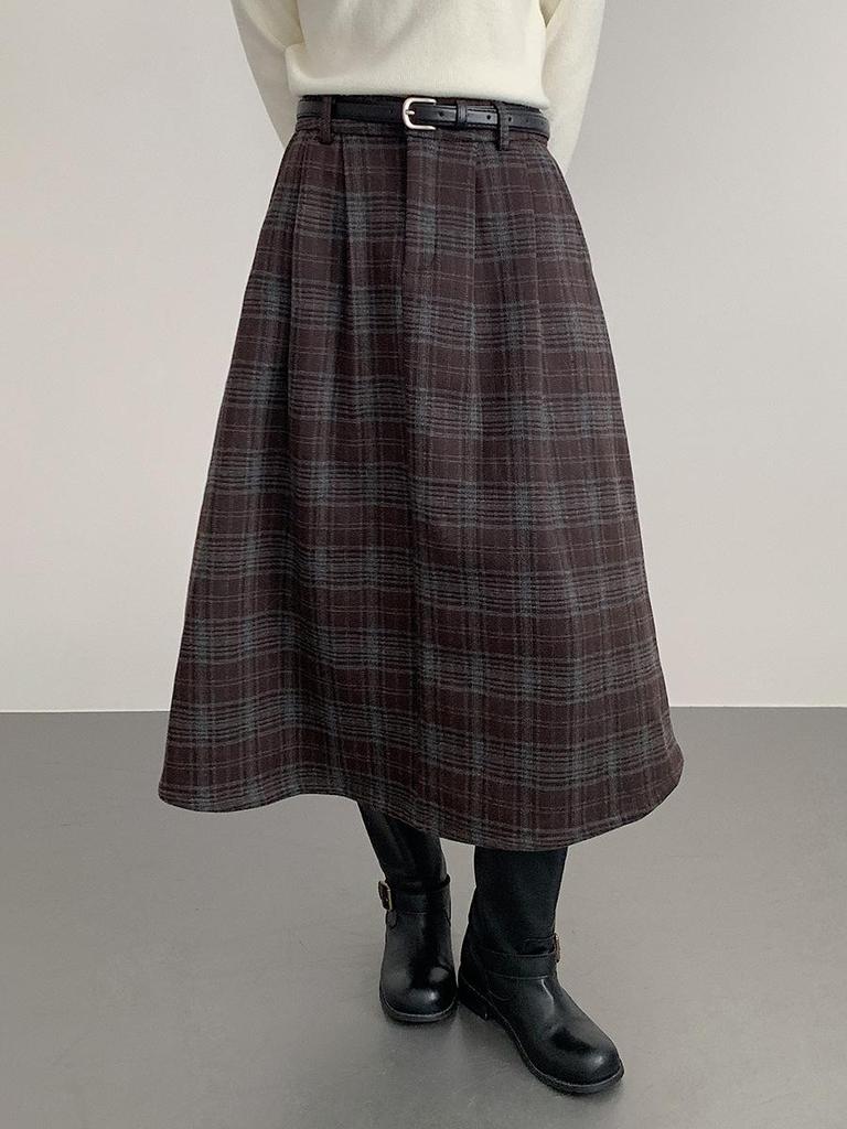 Ou Fan Retro Coffee Plaid Woolen Women's A-line Skirt, Autumn/Winter Slimming Long Skirt, Style 11071