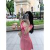 Red Plaid V-neck Short-sleeved Dress Women's Clothing Summer Bow Hottie Short Skirt Showing Figure Waist A-word Skirt
