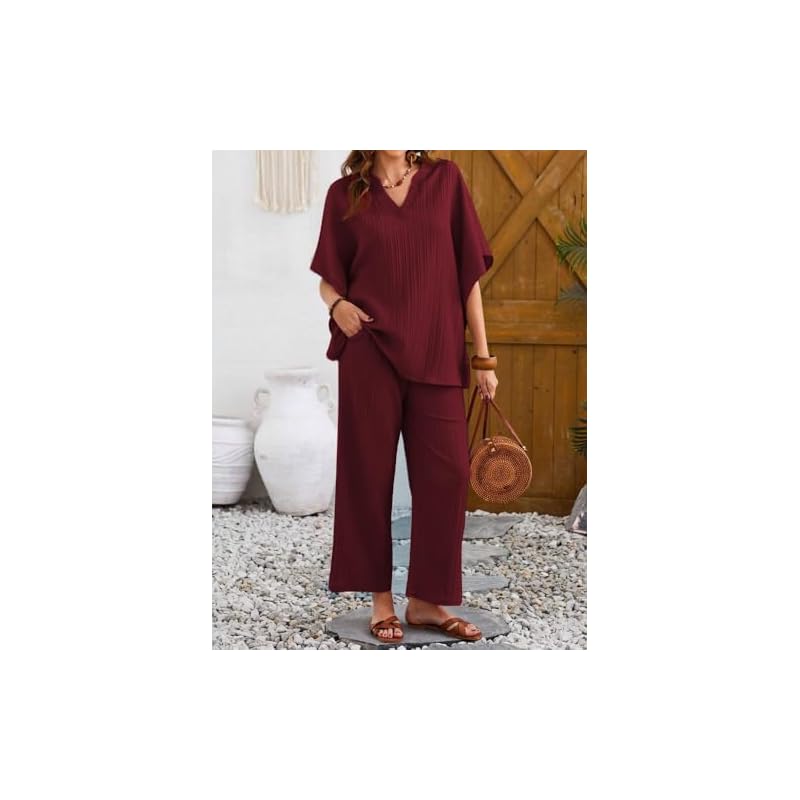 TADKEE Women s Solid Color V-Neck Kaftan Sleeve Co-ord Set for Women | Casual Wear Co ord Set | Kurta Set for Women (FN- L малиновый