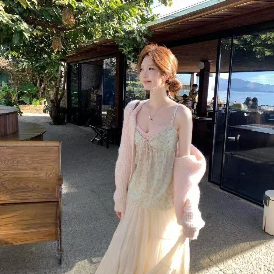 Women's V-Neck Knit Cardigan & A-Line Skirt Set