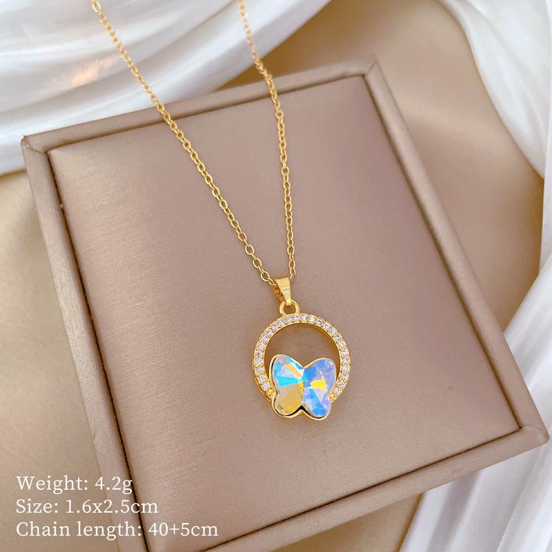 Colorful Ring Butterfly Light Luxury Temperament Gorgeous Full Diamond Necklace Women'S Versatile Collarbone Chain Titanium Steel Chain